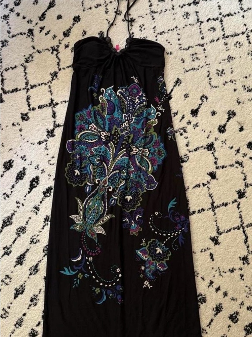 Candie's Black Halter Maxi Dress with Teal, Purple & Blue Paisley